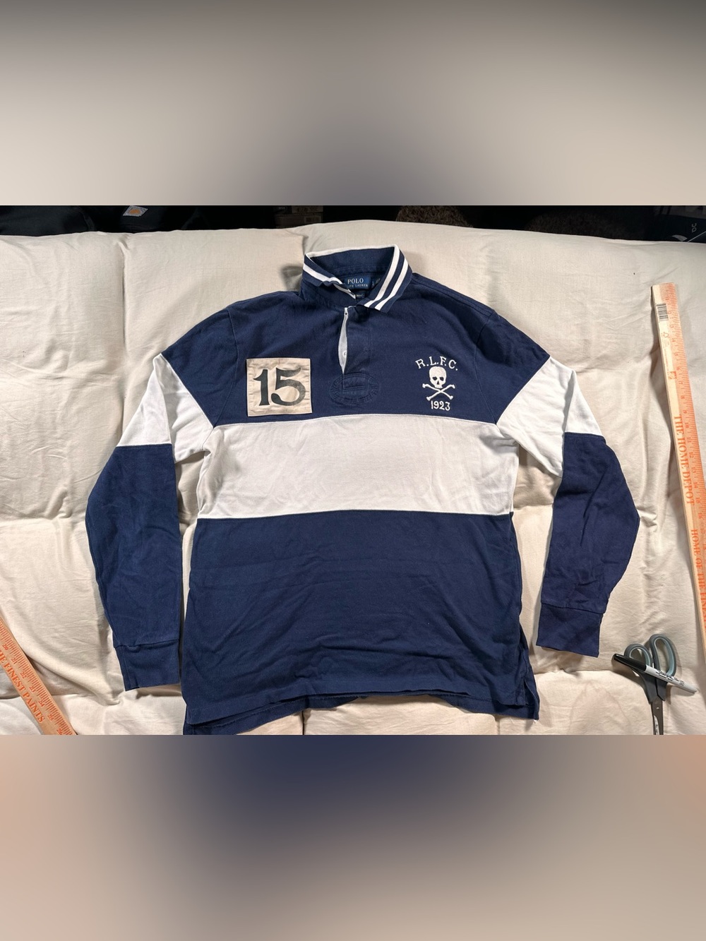Polo Ralph Lauren Navy Blue Rugby Skull & Bones RLPC Y2K Large Slim Long Sleeve